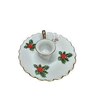 Vintage Lefton Christmas Holly and Berries and Gold Edged Taper Candle Holder
